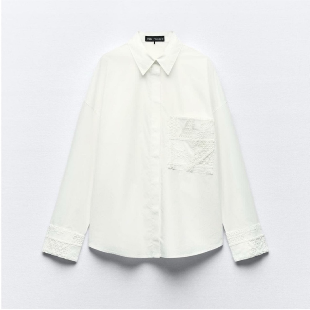 Zara, white, guipore lace pocket poplin shirt, Large - Picture 5 of 8